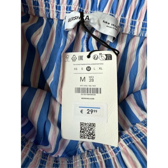 Bershka tie waist wide leg linen look trousers in blue & pink stripe Size M - Picture 7 of 9